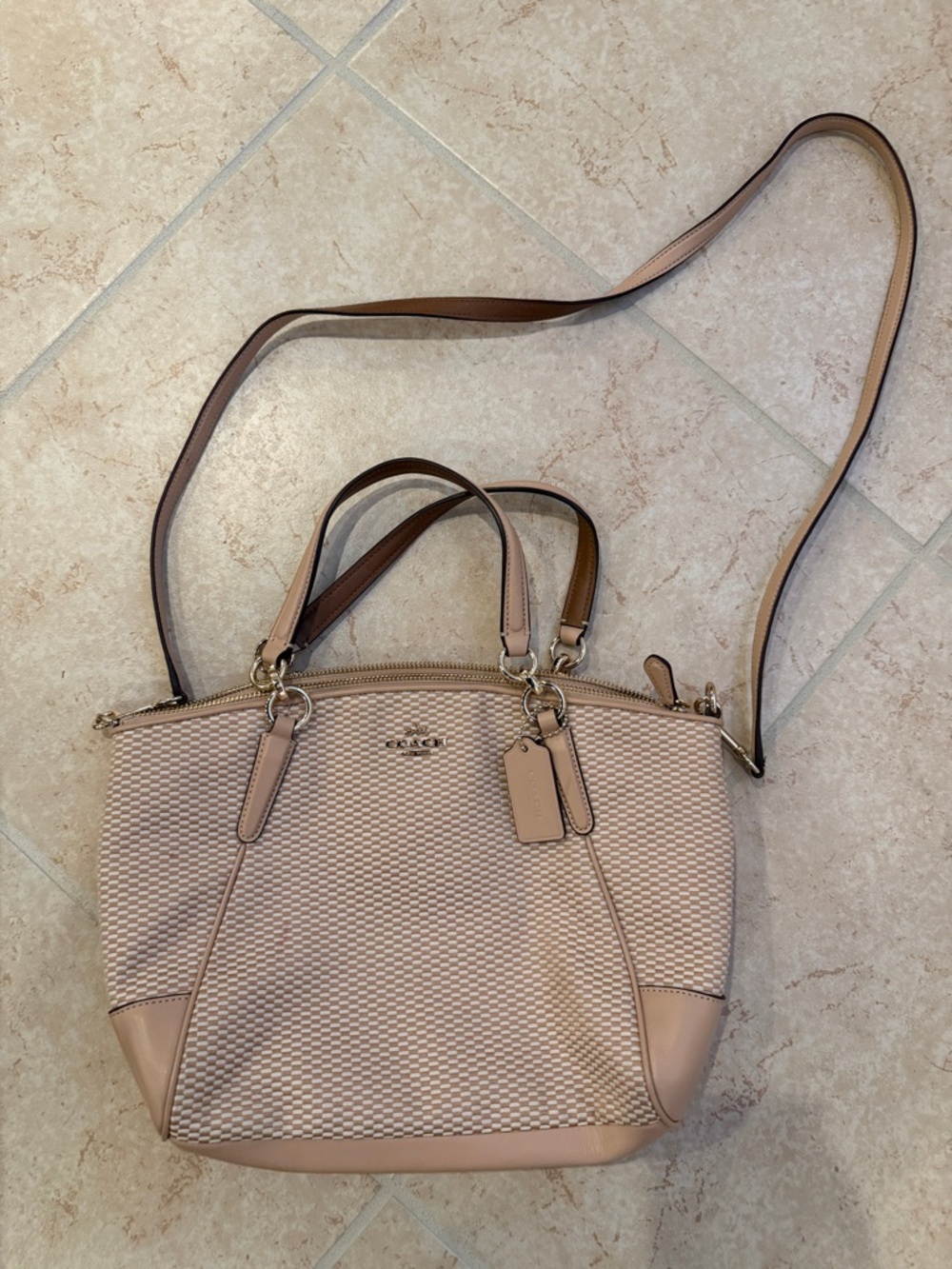 Coach Kelsey Legacy Satchel Bag Beige Leather Crossbody Shoulder Purse